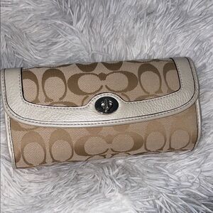 Coach Beige and Tan Signature C Snap Wallet with Turnlock